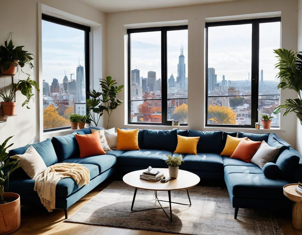A cozy and inviting apartment interior showcasing stylish furniture and vibrant decor, with a large window offering a view of a sunny city skyline. Include elements like a coffee table with a guidebook on affordable rentals, potted plants, and personal touches that make it feel like home. The atmosphere should reflect warmth and inspiration, appealing to dreamers looking for their ideal living space. super-realistic. vibrant colors. soft lighting.
