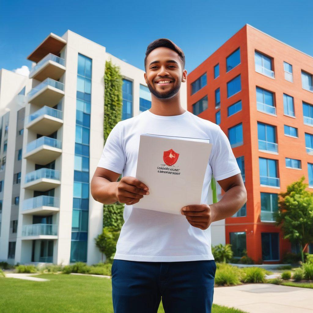 A confident tenant standing in front of a modern apartment building, holding a rental agreement while surrounded by icons symbolizing tenant rights like a gavel, a magnifying glass, and a shield. The background features a bright blue sky and vibrant greenery to evoke a sense of empowerment and security. The overall tone should be uplifting and informative. vector art. vibrant colors. white background.